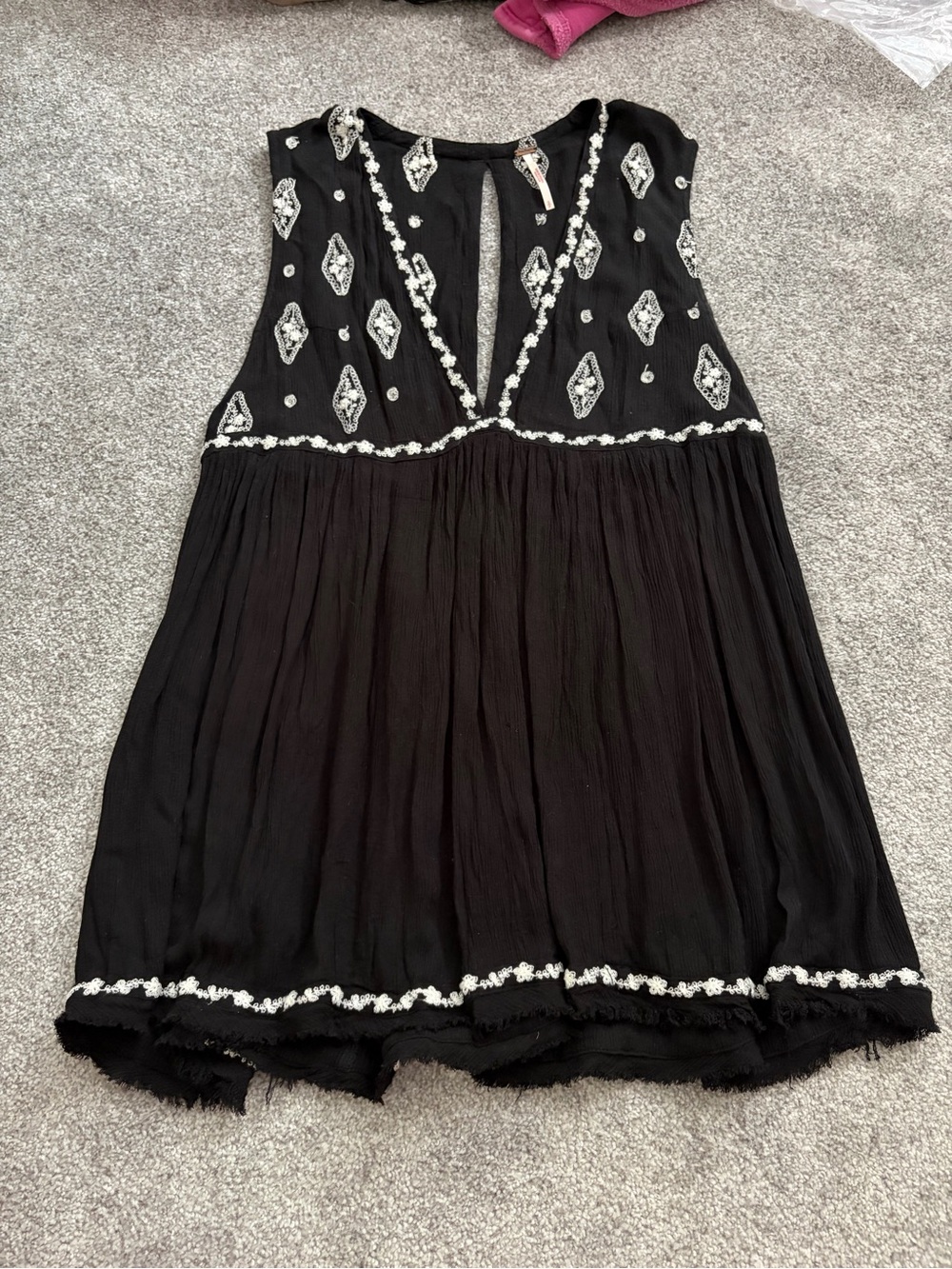 Free People Black Sleeveless Tunic with White Embroidery